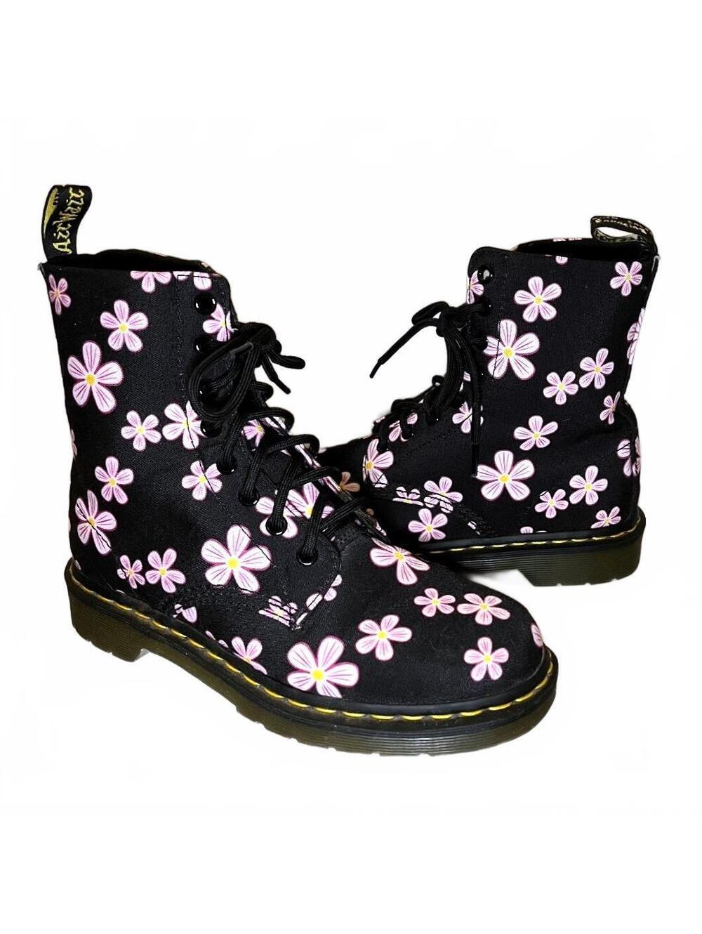 Dr. Martens Page Meadow Floral Canvas Boots Black Pink Size 8